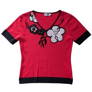 Moffi‎ Women's Medium Red Graphic Floral Stretch knit Short Sleeve Top